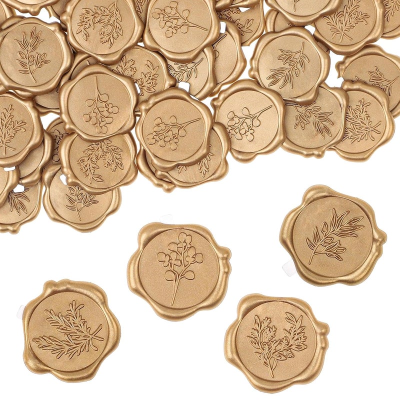 WSICSE 60Pcs Wax Seal Stickers, Wedding Invitation Envelope Seal Stickers Adhesive Backed Light Gold for Wedding, Party,Valentine's Day,Mother's Day, Gift Wrapping (4 Leaf Styles) - Image 1